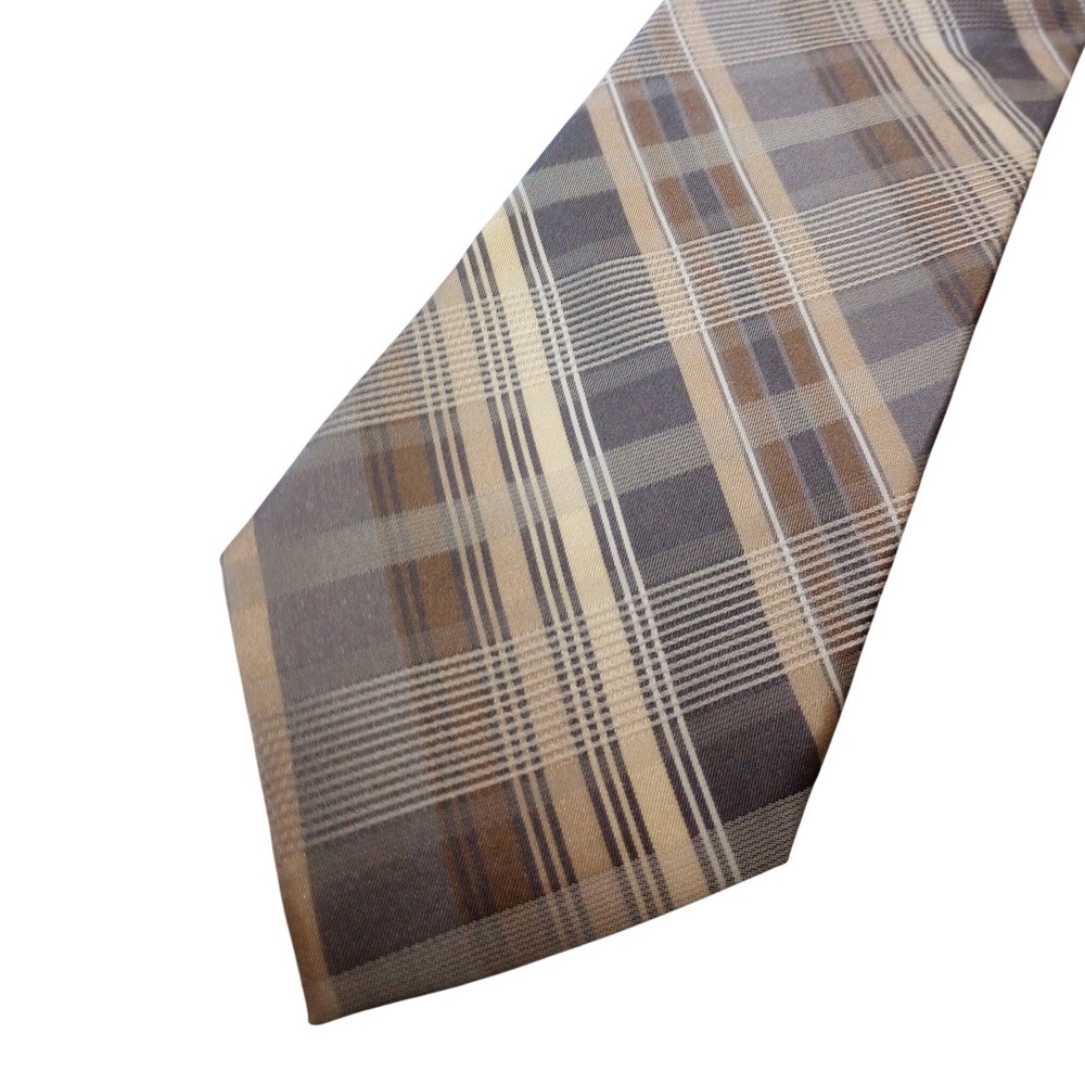 Antonio Fellini Mens Silk Tie Grey Brown Tan Plaid Hand Made Necktie Classic